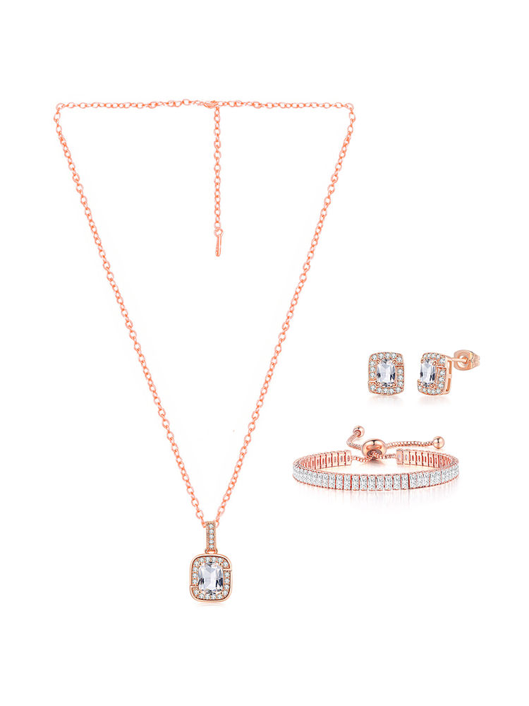 Peora Rose Gold Plated Crystals Studded Pendant Chain Bracelet and Earrings Set Jewellery-picture-22