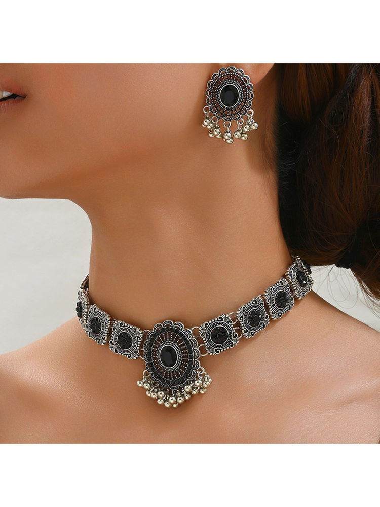 Peora Silver Plated Black Crystals Studded Necklace Jewellery Set-image-42