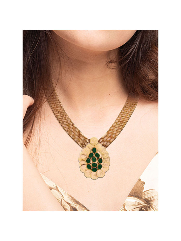 suhani pittie gold coin neckpiece with teardrop pendant and green crystals