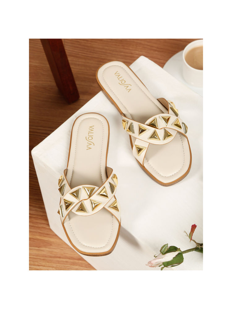 VALIOSAA Women Cream Square Toe Casual Flats-picture-1