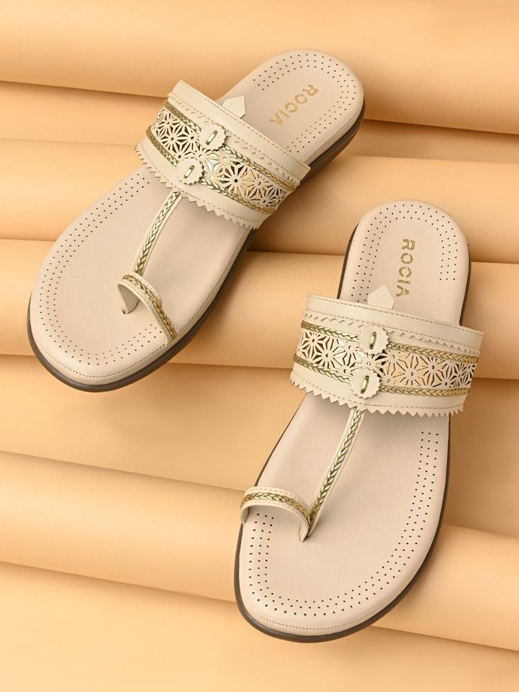 ROCIA By Regal Cream Women Comfort Laser Cut Kolhapuris-image-4