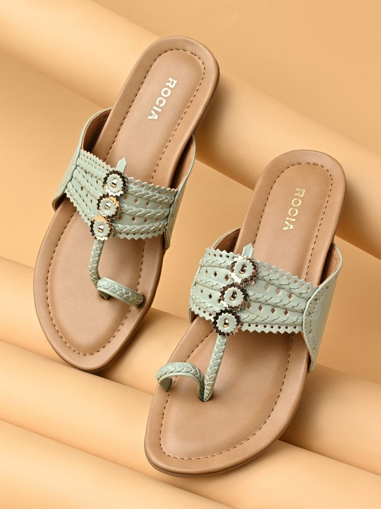 ROCIA By Regal Green Women Patent Flat Kolhapuris-image-1