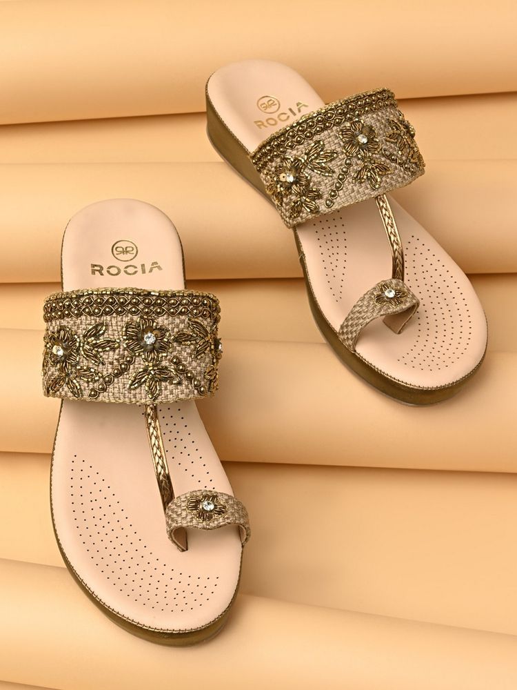 ROCIA By Regal Antique Gold Women Embroidered Comfort Kolhapuris