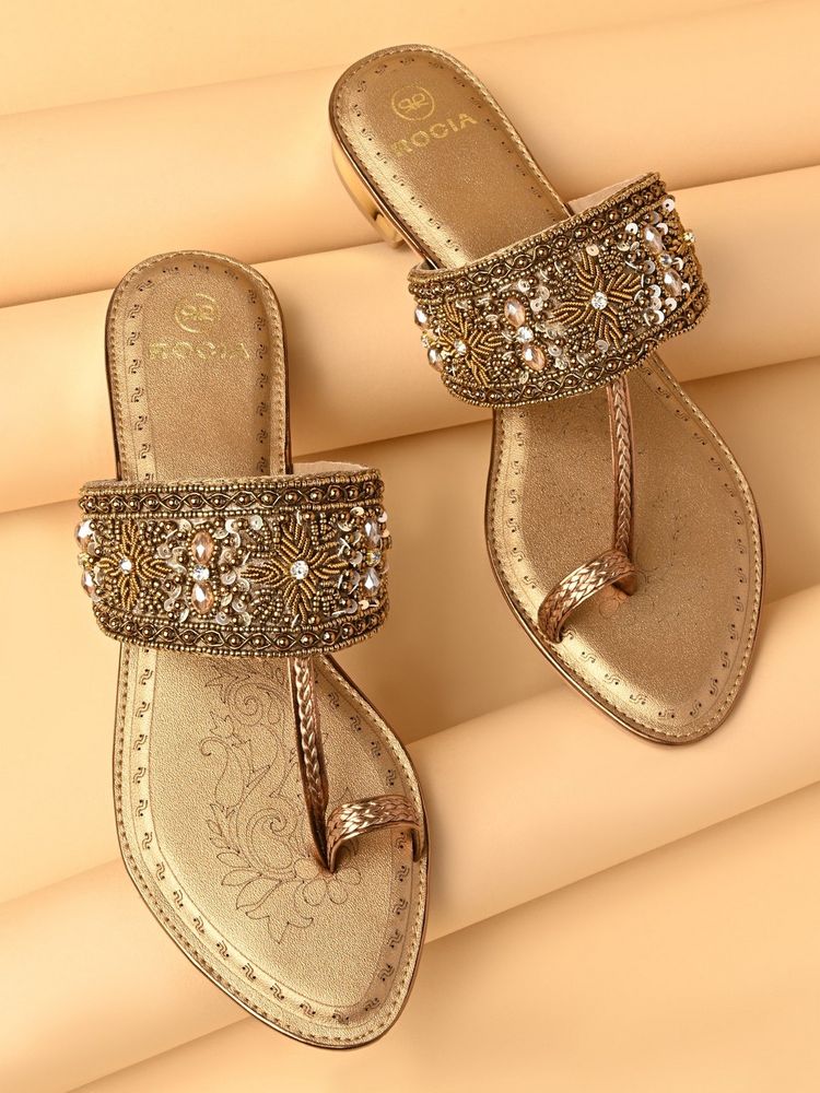 ROCIA By Regal Antique Gold Women Embroidered Kolhapuri Flats