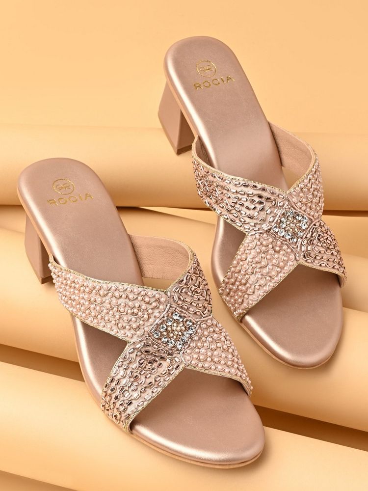 ROCIA By Regal Rose Gold Women Criss Cross Embroidered Block Heels-image-19