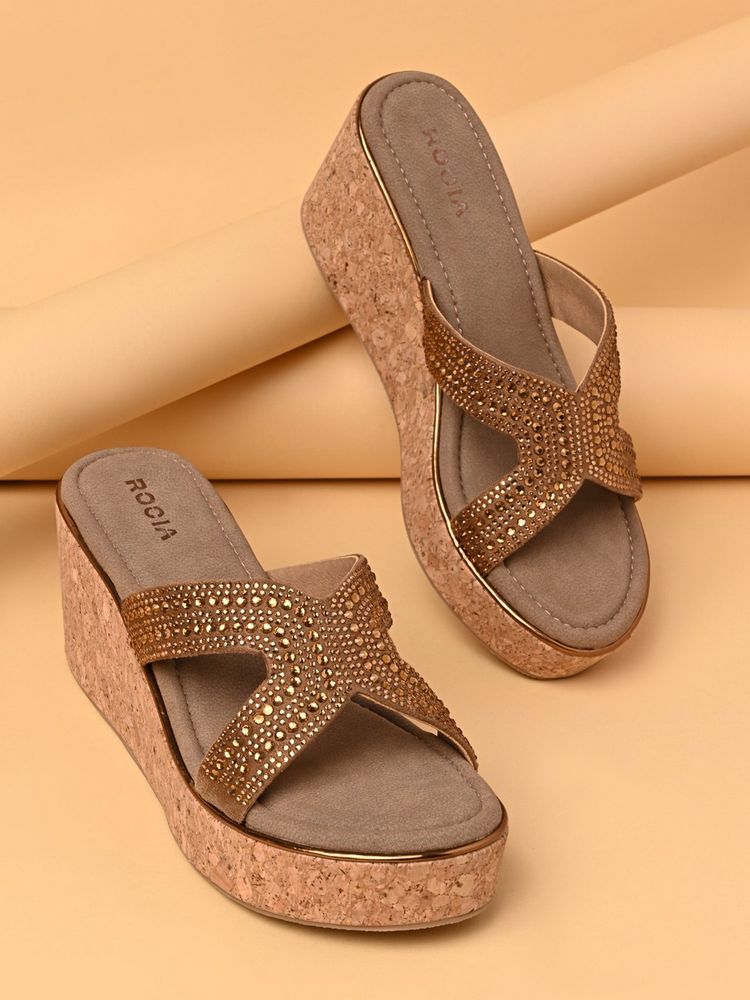 ROCIA By Regal Antique Brown Women Diamond Embellished Cork Heels Wedges-picture-28