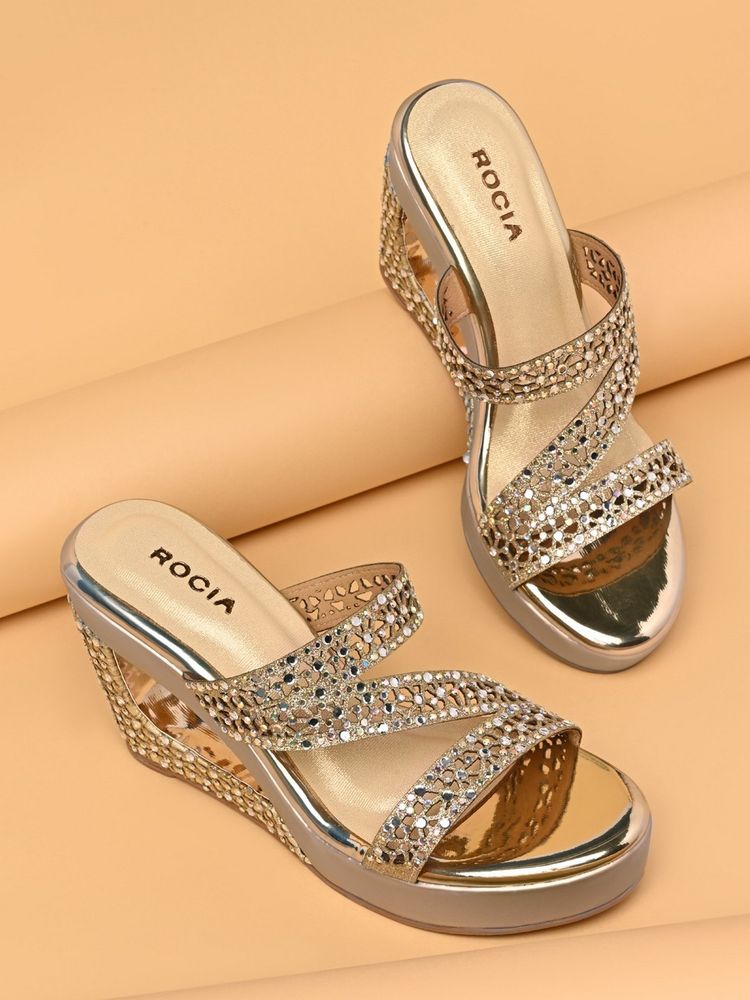 ROCIA By Regal Gold Women Bridal Diamond Encrusted Wedges Heels-picture-19