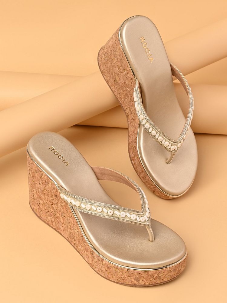 ROCIA By Regal Gold Women Embroidered Casual Cork Wedges Heels