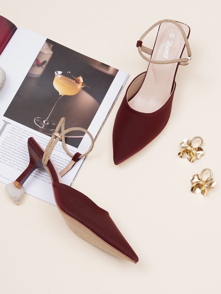 Sherrif Shoes Maroon Pointed Toe Slingback Mule Heels with Embellished Strap-picture-12