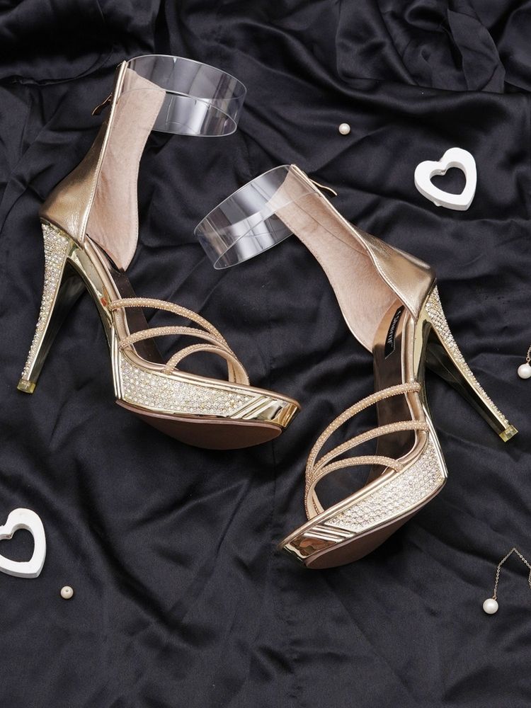 Sherrif Shoes Gold Embellished Stilettos Heels with Transparent Ankle Strap-image-20