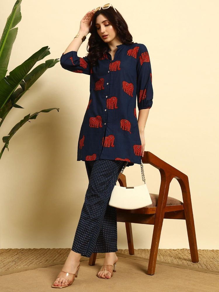 SEPHANI Navy Blue Printed Nightsuit Set