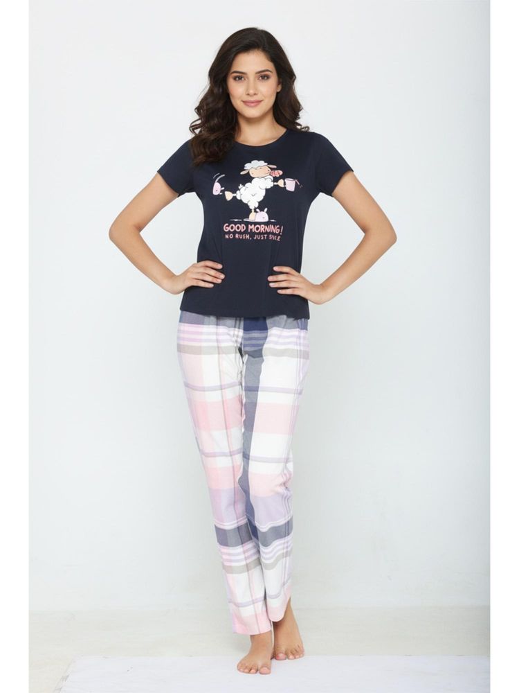 Zivame Knit Cotton Pyjama Set - Navy Peony-picture-9