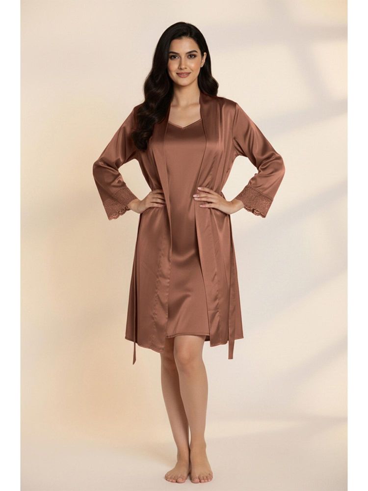 Zivame Luxe Satin Sleep Set - Brown Patina-picture-8