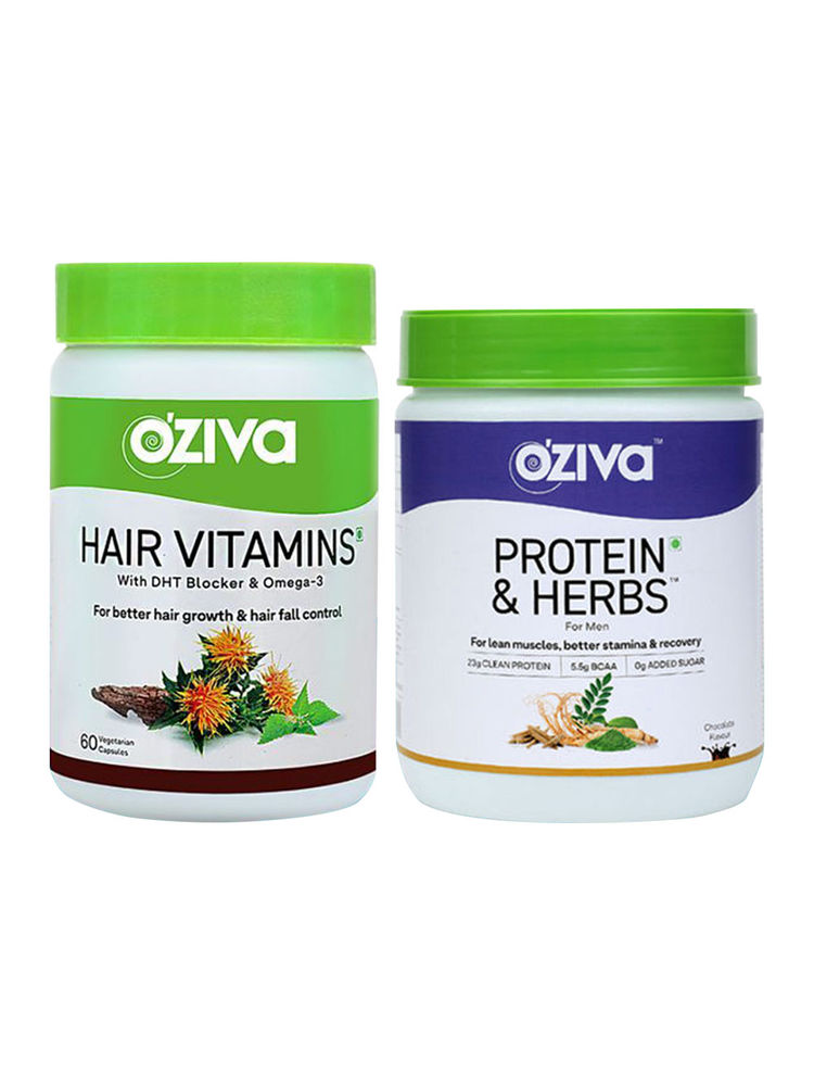 OZiva Hair Nourishment Combo (OZiva Proteins & Herbs Shake For Men - Chocolate + Hair Vitamins)