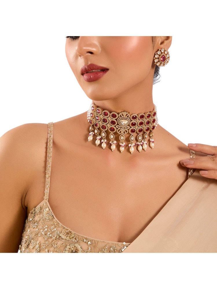 Auraa Trends Regal Ruby and White Kundan Choker Necklace Set with Earrings-image-0