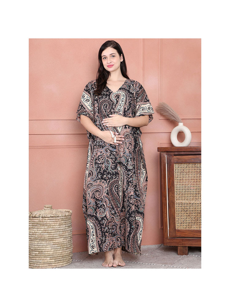 Secret Wish Black Floral Cotton Maternity Kaftan Full Length-image-33