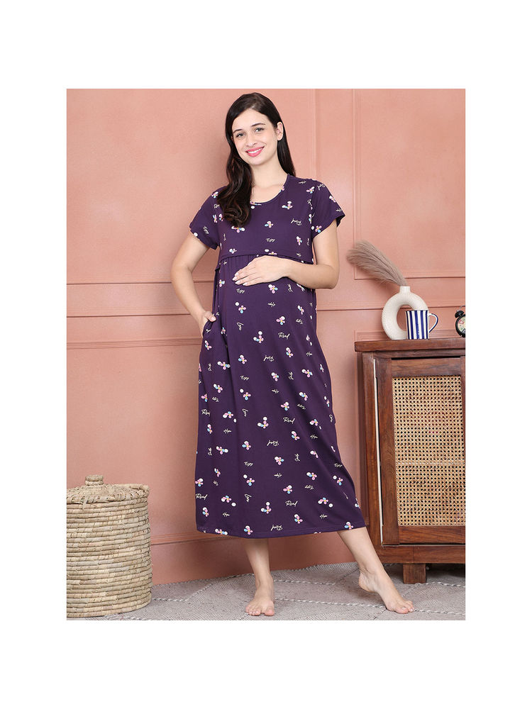 Secret Wish Purple Floral Hosiery Maternity Nighty-picture-23
