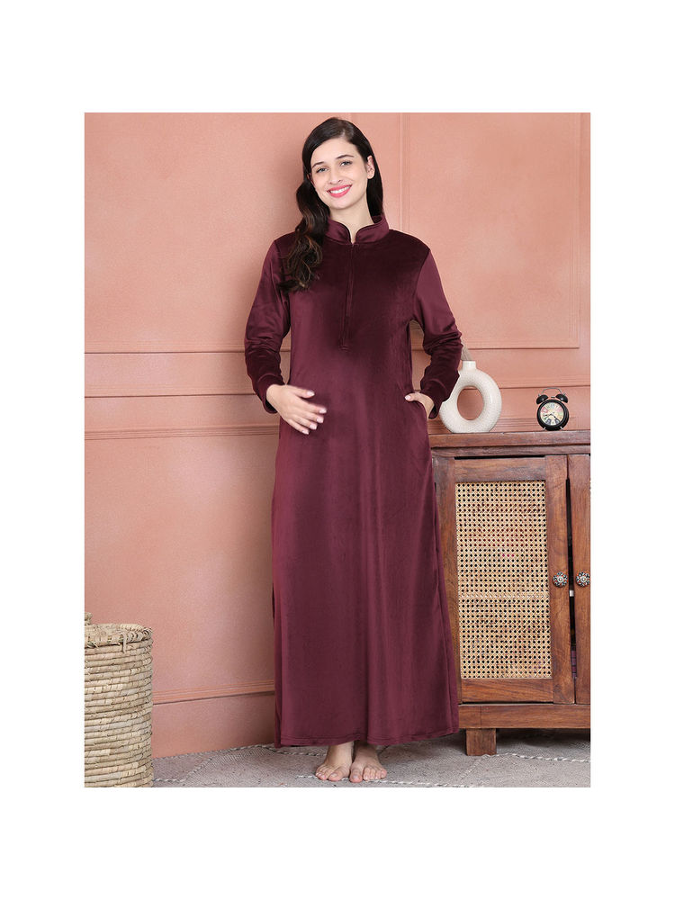 Secret Wish Burgundy Solid Velvet Maternity Nighty Full Length-picture-17