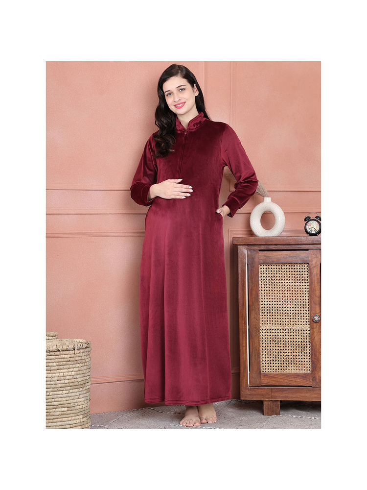 Secret Wish Maroon Solid Velvet Maternity Nighty Full Length-picture-25