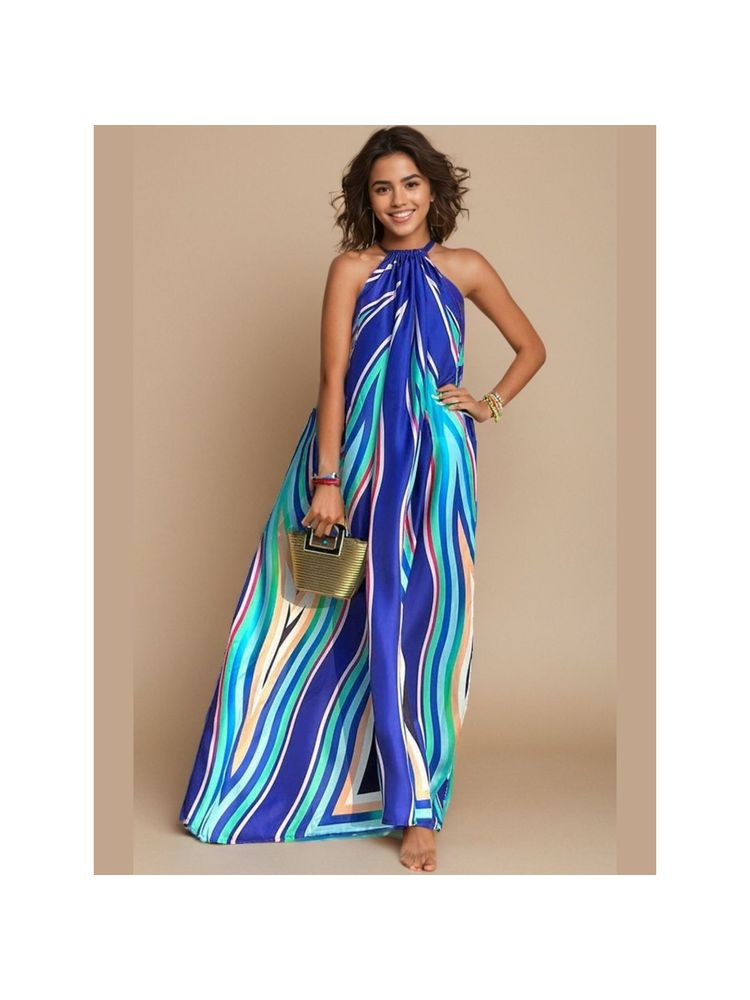 WomanLikeU Blue Azure Waves Print Halter-Neck Maxi Dress