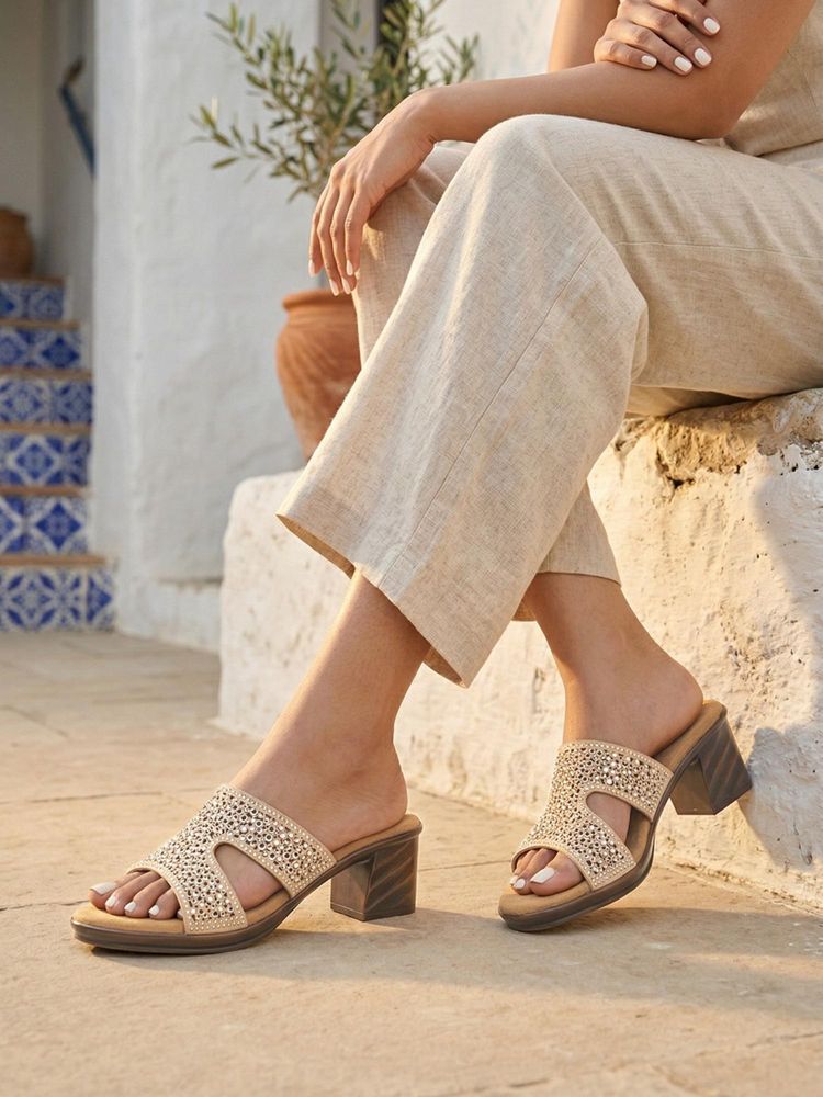 ROCIA By Regal Beige Women Laser Cut Embellished Block Heel Sandals-image-26