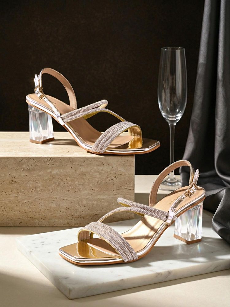 ROCIA By Regal Gold Women Diamond Embellished Block Heel Sandals-image-23
