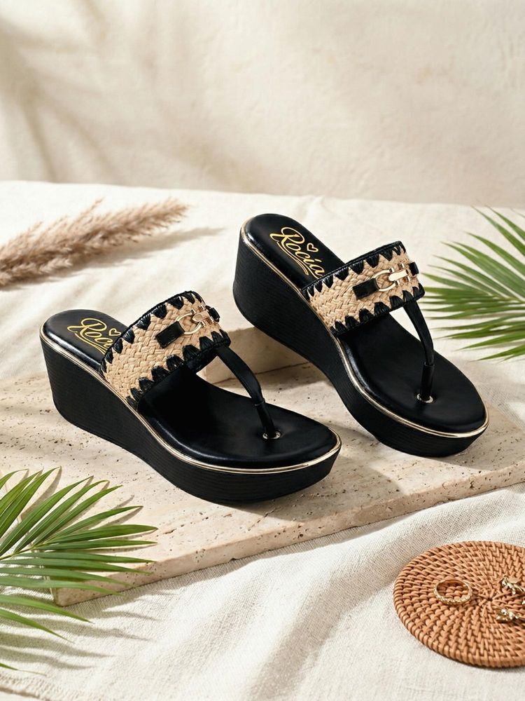 ROCIA By Regal Black Women Jute Embellished Resort Wear Platform Wedges-picture-17