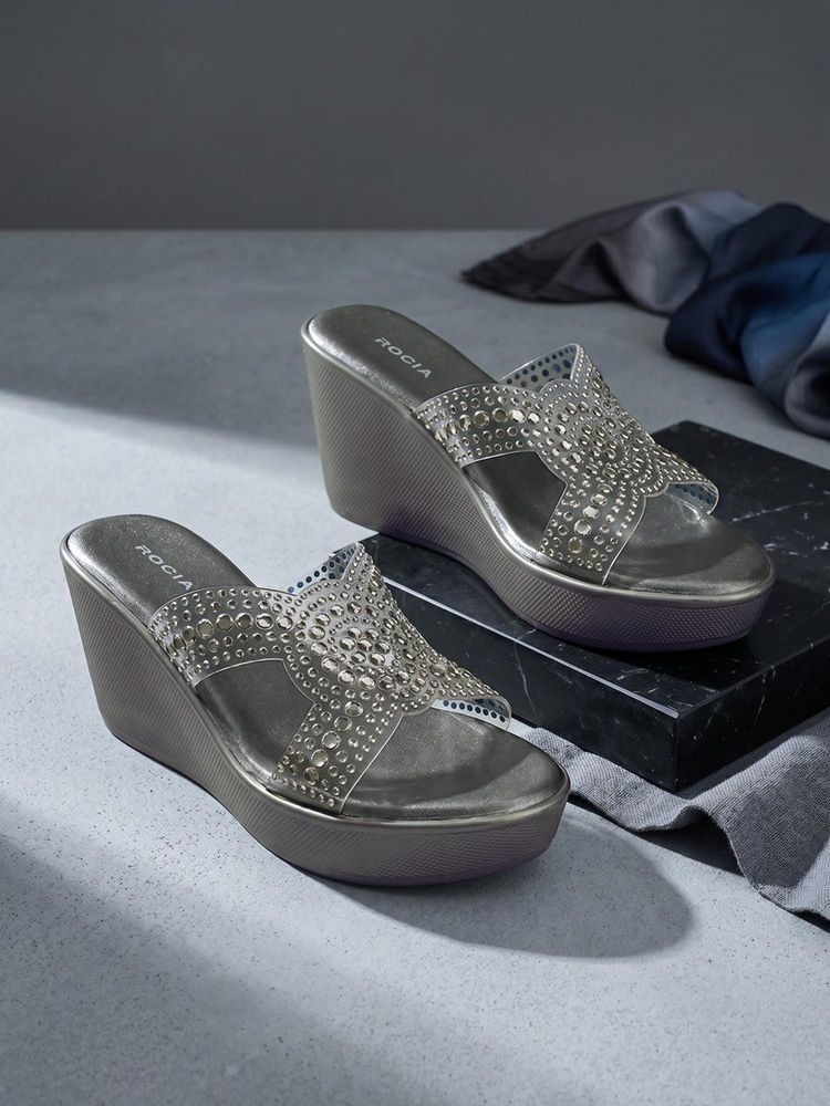 ROCIA By Regal Gun Metal Women Diamond Studded Vinyl Platform Wedges-image-26