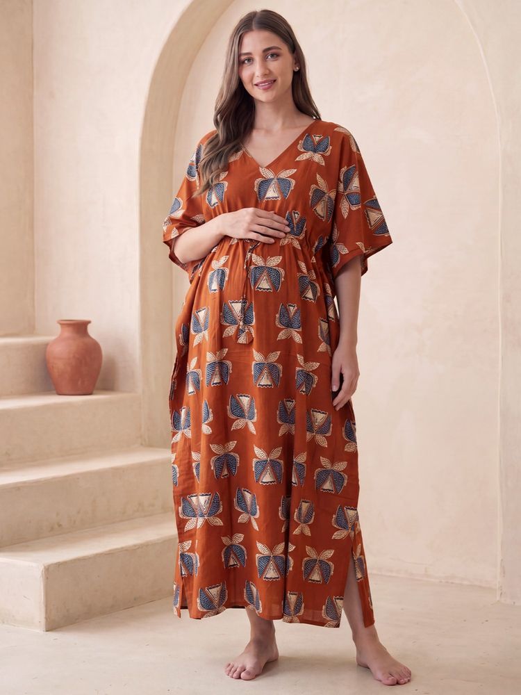 Secret Wish Rust Secret Wish Rust Printed Cotton Maternity Kaftan-image-40