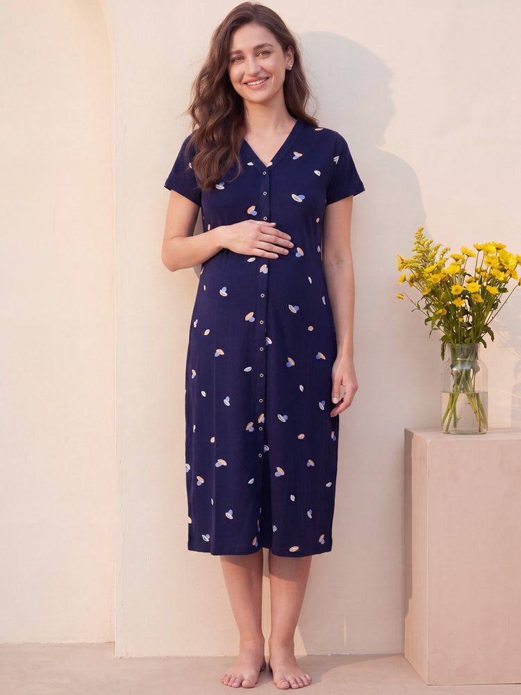 Secret Wish Navy Blue Secret Wish Navy Blue Shell Print Hosiery Zipless Maternity Nighty-picture-42