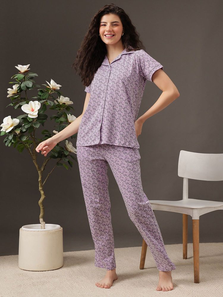 Clovia Cotton Printed Button Down Shirt and Pyjama-picture-17