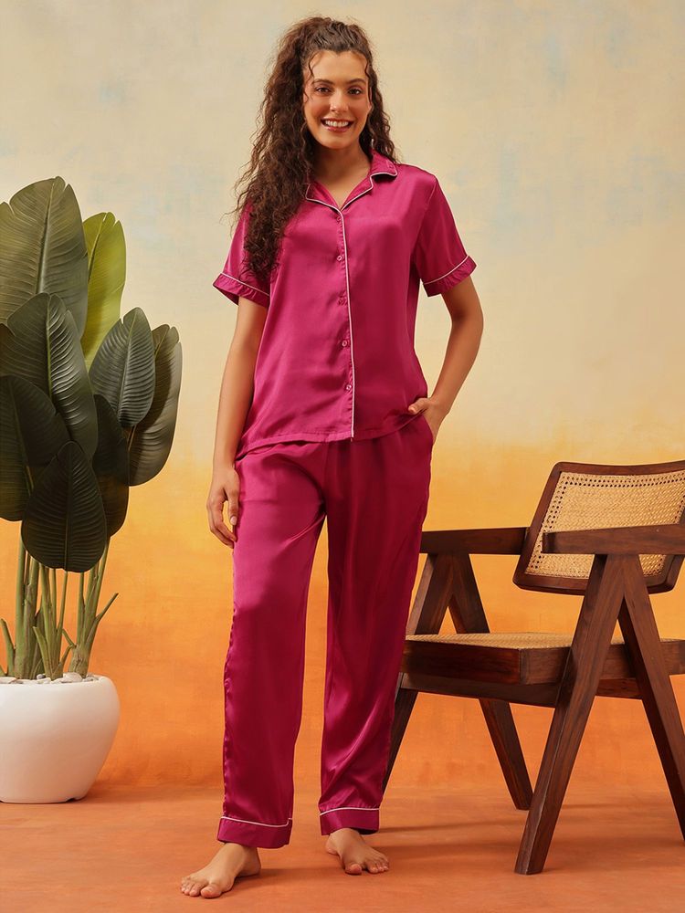 Clovia Satin Button-Down Shirt and Pyjama-picture-11
