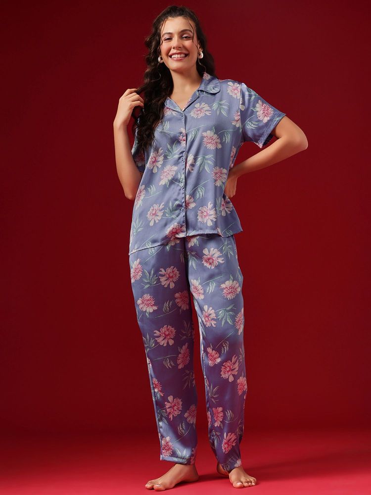 Clovia Satin Floral Print Button-Down Shirt and Pyjama-picture-25