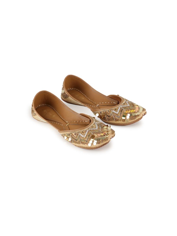 GLAM STORY Golden Flavia Moti Wedding Embellished Designer Punjabi Juttis For Women
