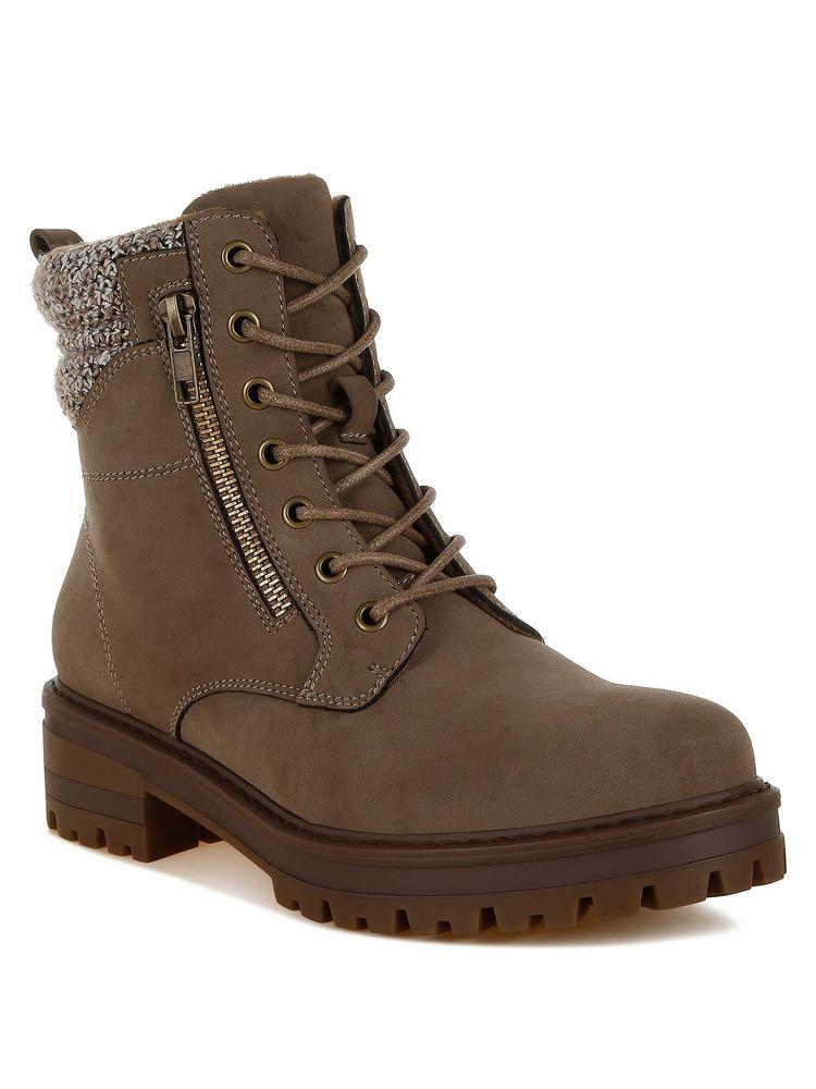 London Rag Taupe Knitted Collar Zip-Up Hiker Casual Boots-picture-26