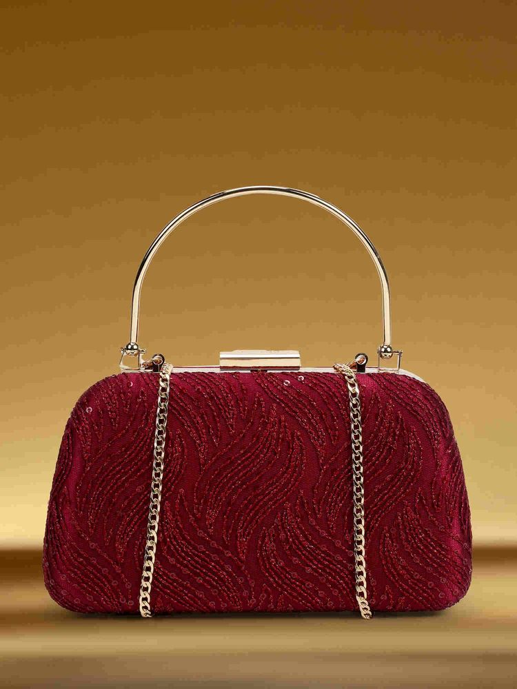 Metro Women Maroon Textured Clutch with Detachable Chain-image-14