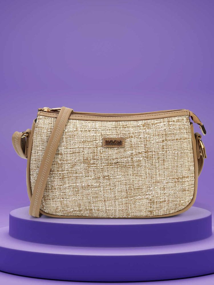 Mochi Women Beige Fabric Soft Body Zipper Sling Bag-picture-21