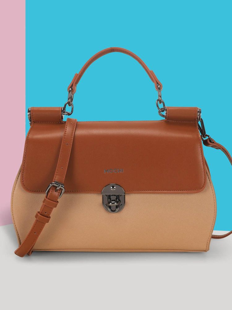 Mochi Women Beige and Brown Colorblock Satchel Bag with Detachable Strap-image-40