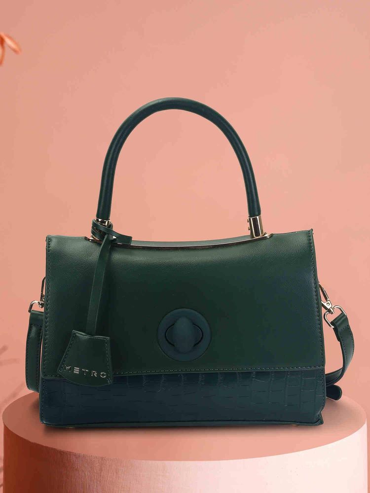 Metro Women Green Satchel Bag with Detachable Strap-image-15