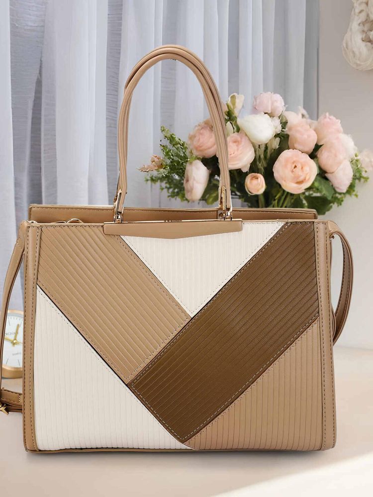 Mochi Women Beige Colorblock Handbag with Detachable Strap-picture-19