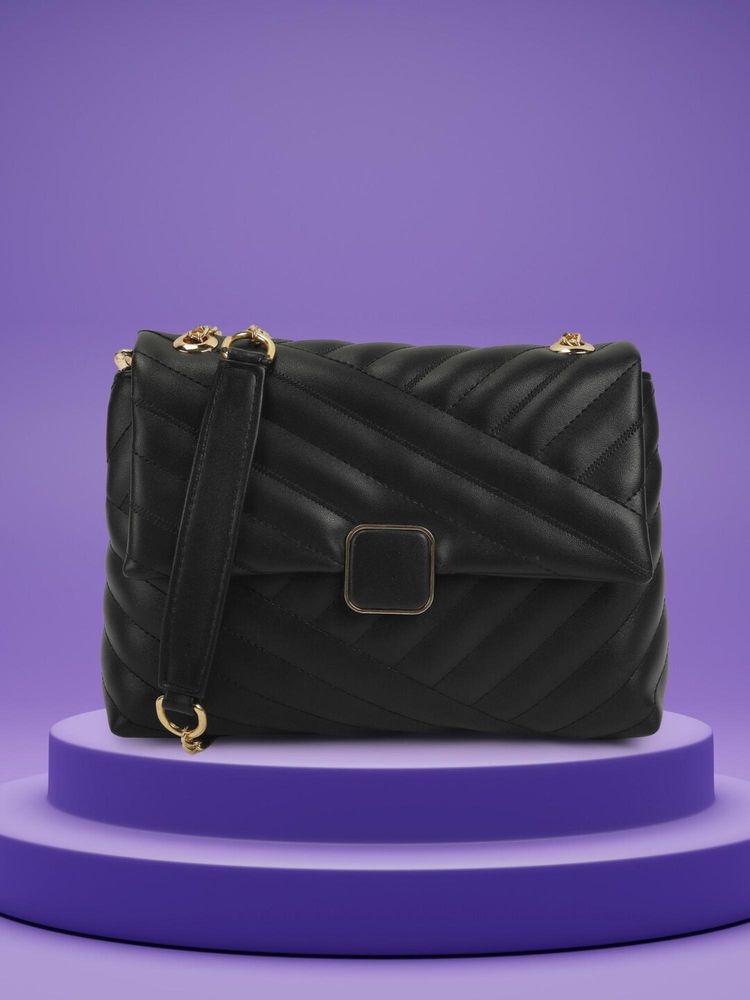 Mochi Women Black Faux Leather Quilted Sling Bag-image-32