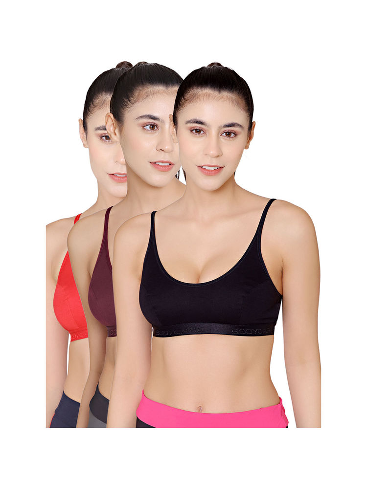 Bodycare Sports Bra In Red-Wine-Black Color - Pack Of 3-image-20