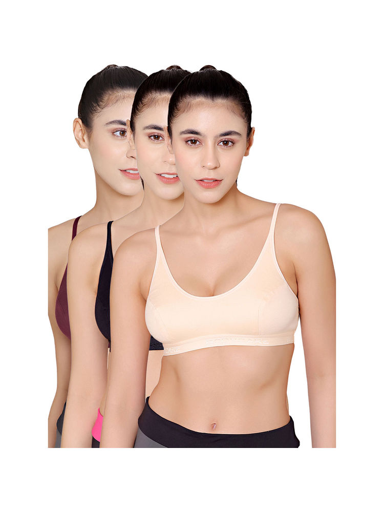Bodycare Sports Bra In Wine-Black-Skin Color - Pack Of 3
