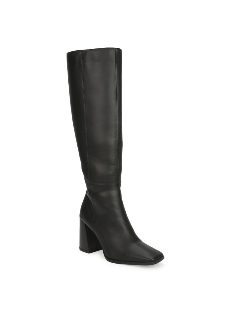 Truffle Collection Black Pu Thigh High Block Heel Boots-image-27