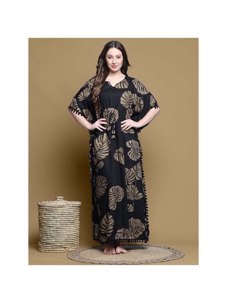 Secret Wish Black Floral Rayon Full Length Kaftan-image-4