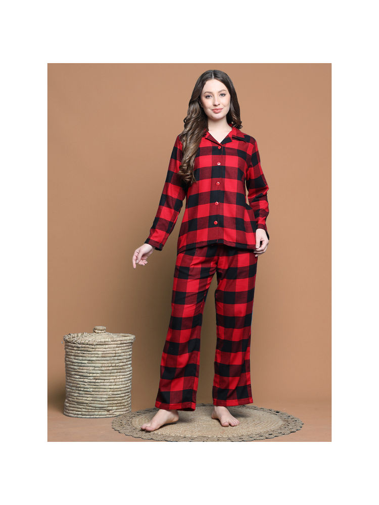 Secret Wish Red Checks Cotton Shirt with Pyjama (Set of 2)-picture-11