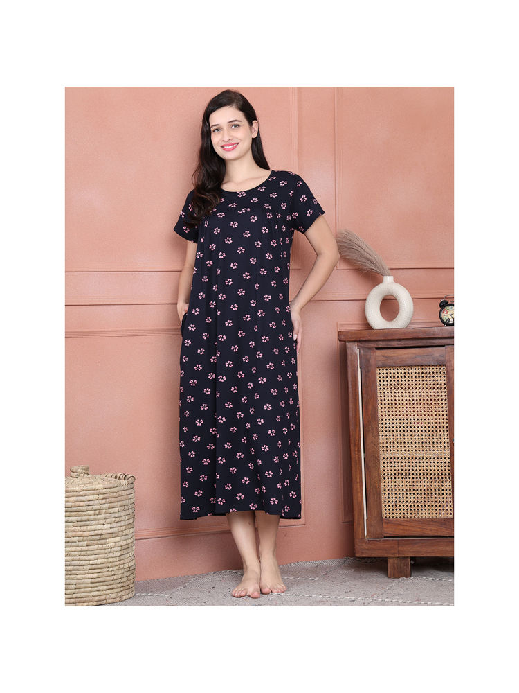 Secret Wish Navy Blue Floral Hosiery Nighty-image-38