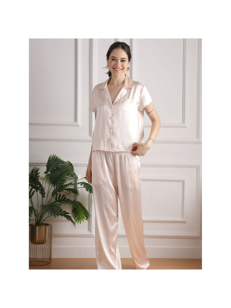 Slumber Jill Peach Luxe Collared Shirt with Pyjama (Set of 2)-picture-21