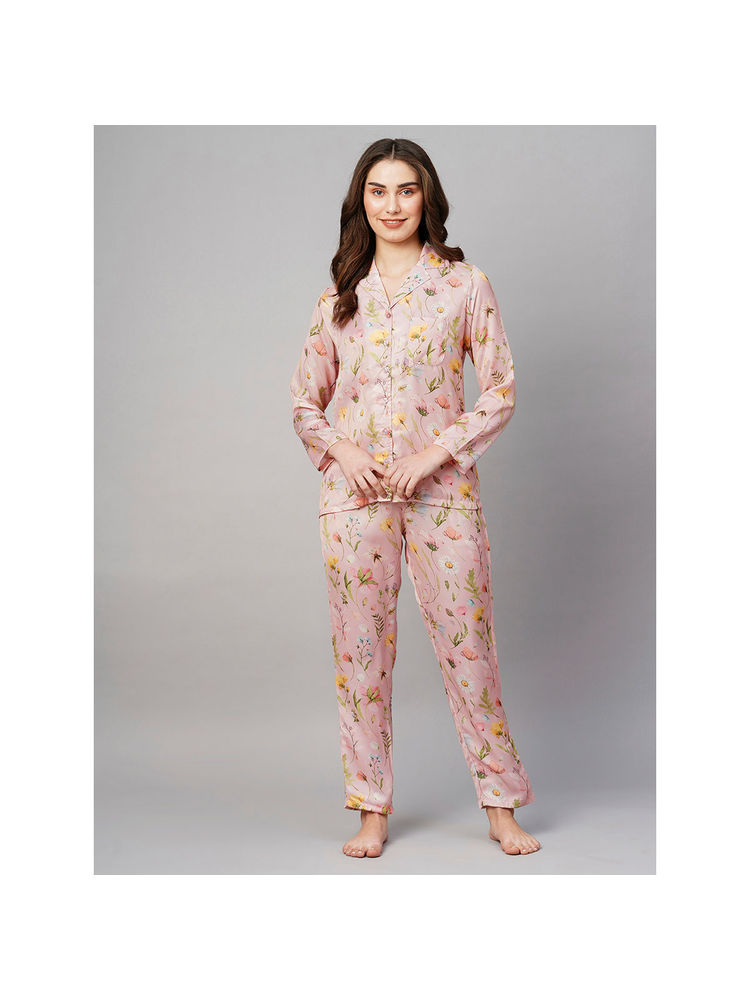 Drape In Vogue Women's Pink Floral Print Night Suit (Set of 2)-picture-20