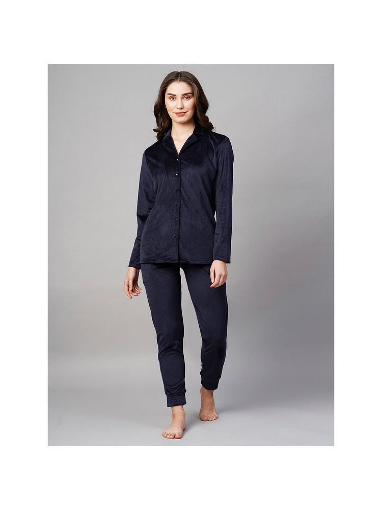 Drape In Vogue Women's Blue Velvet Night Suit (Set of 2)-picture-10